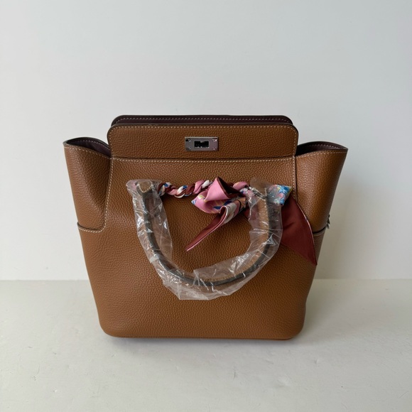 LEATHER INSIDE & OUT | Gold Brown Toolbox Bag Convertible Top Handle Satchel - Picture 13 of 13